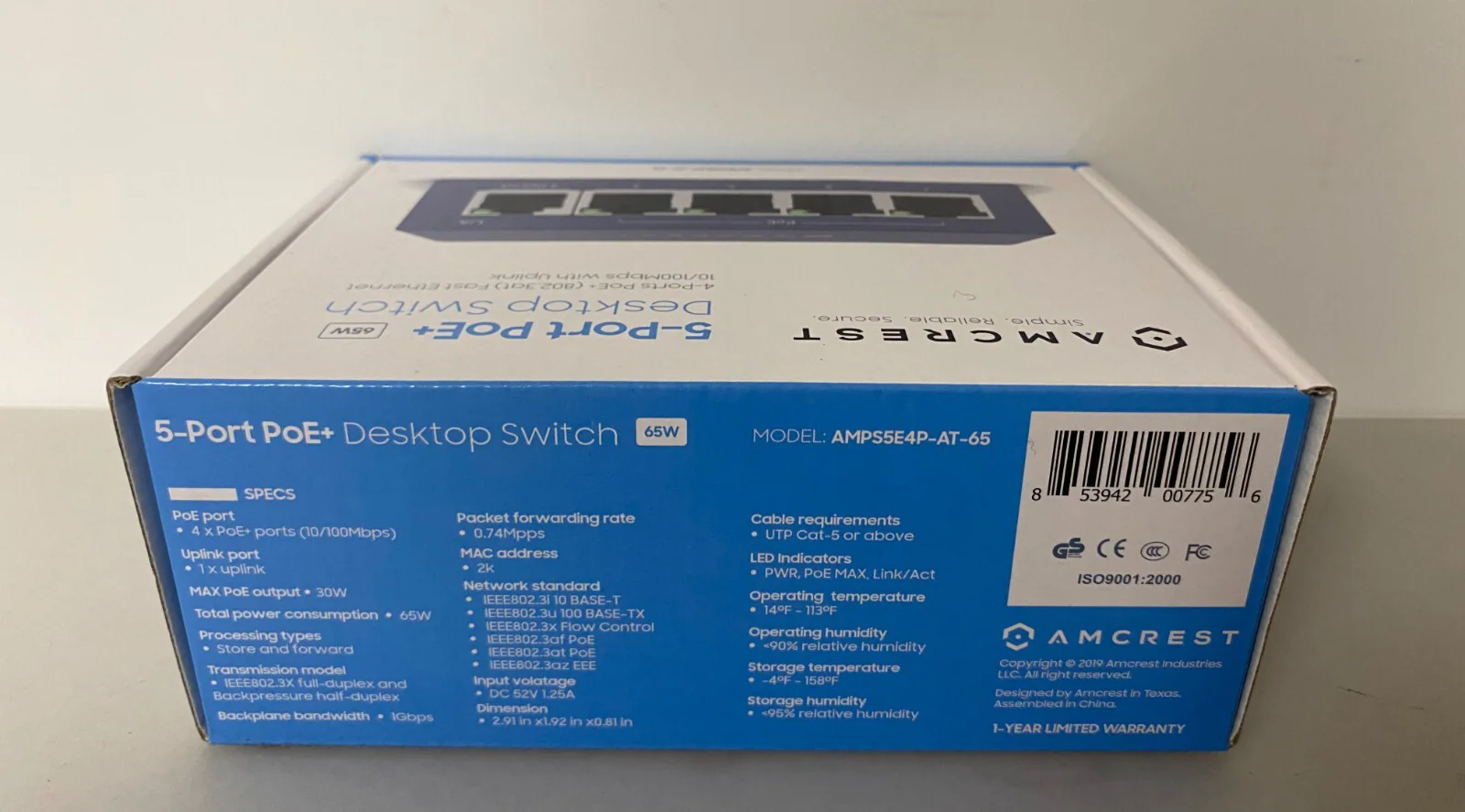 Amcrest 5 Port PoE+ Power Over Ethernet Switch (P/N: AMPS5E4P-At-65) - Image 2