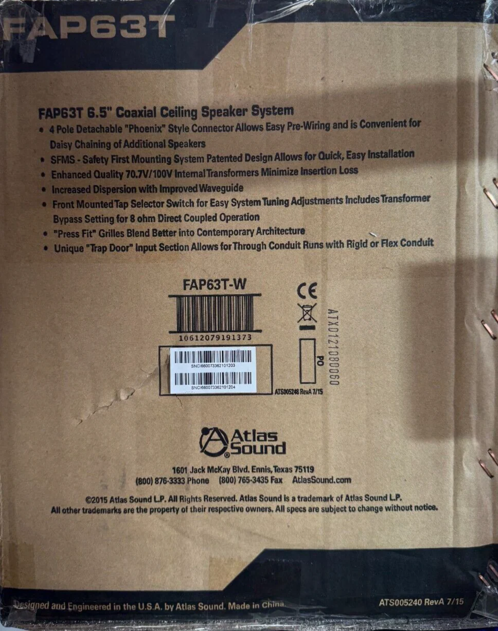 Atlas Sound FAP63T 6.5" White In-Ceiling Coaxial Speaker 32W, 70/100V (Single) - Image 3