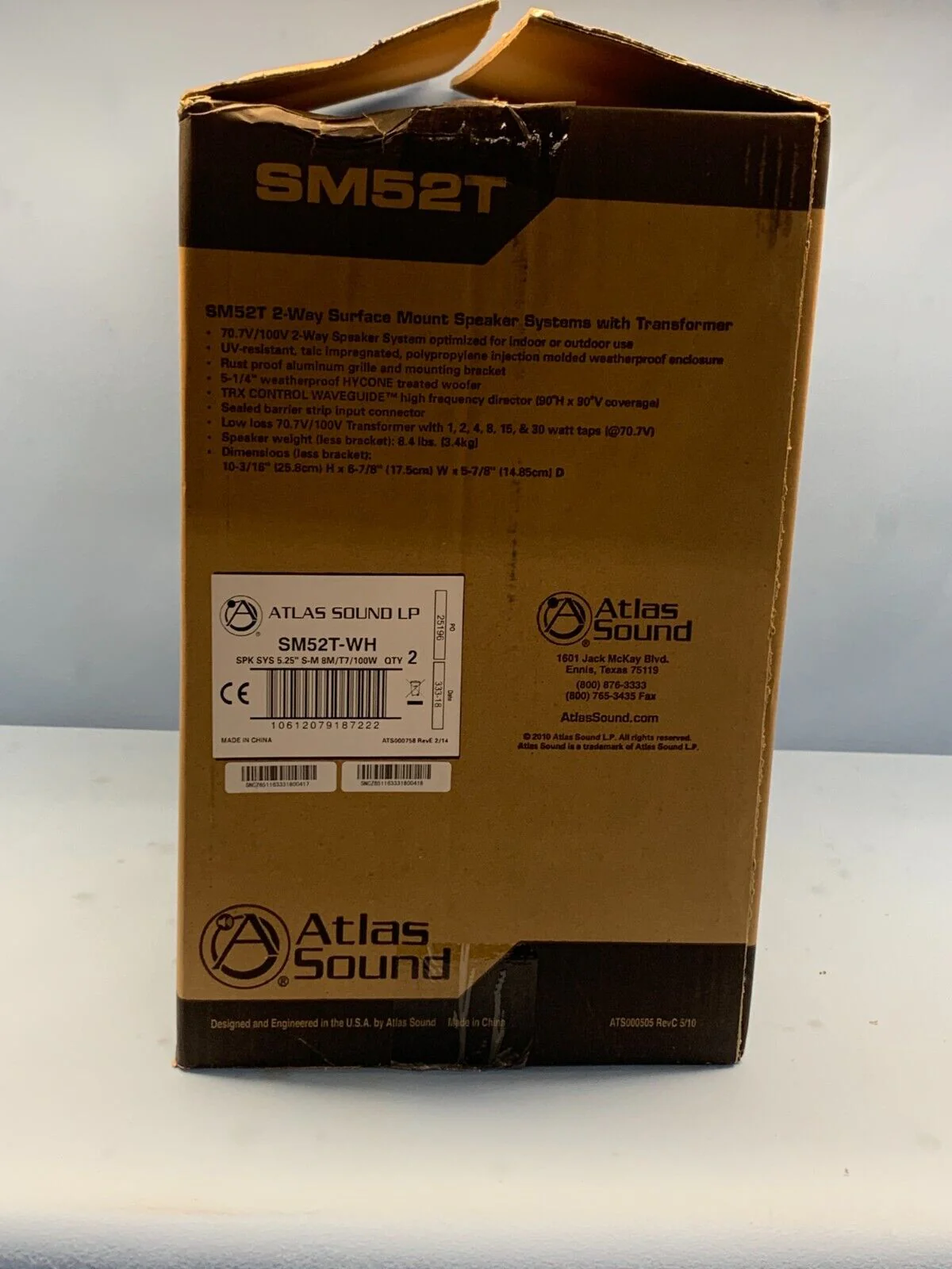 Atlas Sound SM52T-B 5.25-inch 2-way 30W 70.7V/100V All Weather Speaker Pair - Image 2