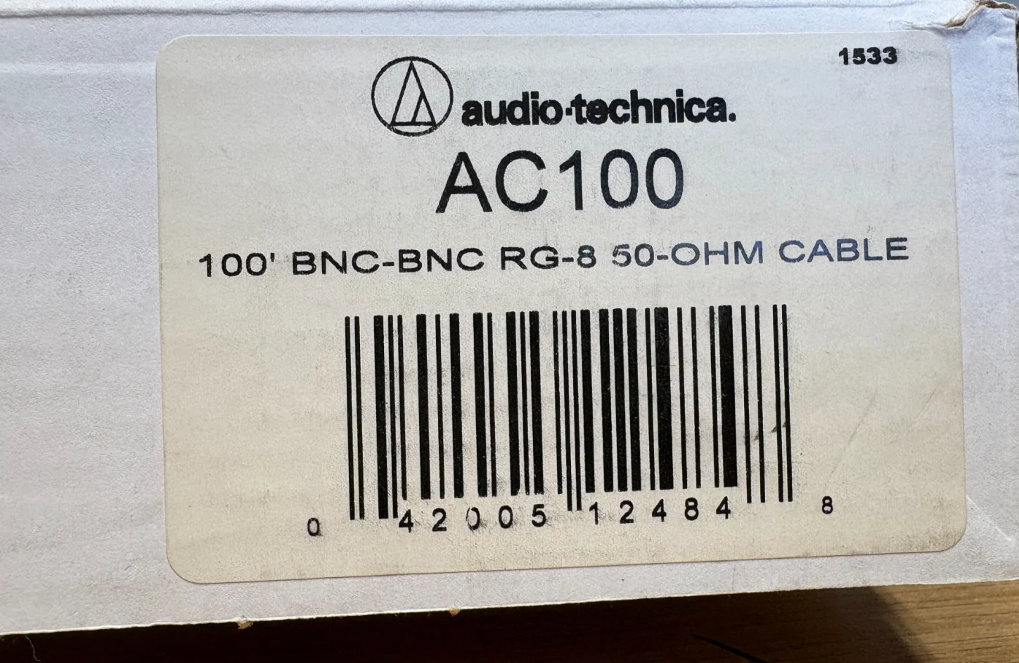 Audio Technica AC100 Antenna Cable (100' BNC-BNC RG-8 50-OHM Cable)