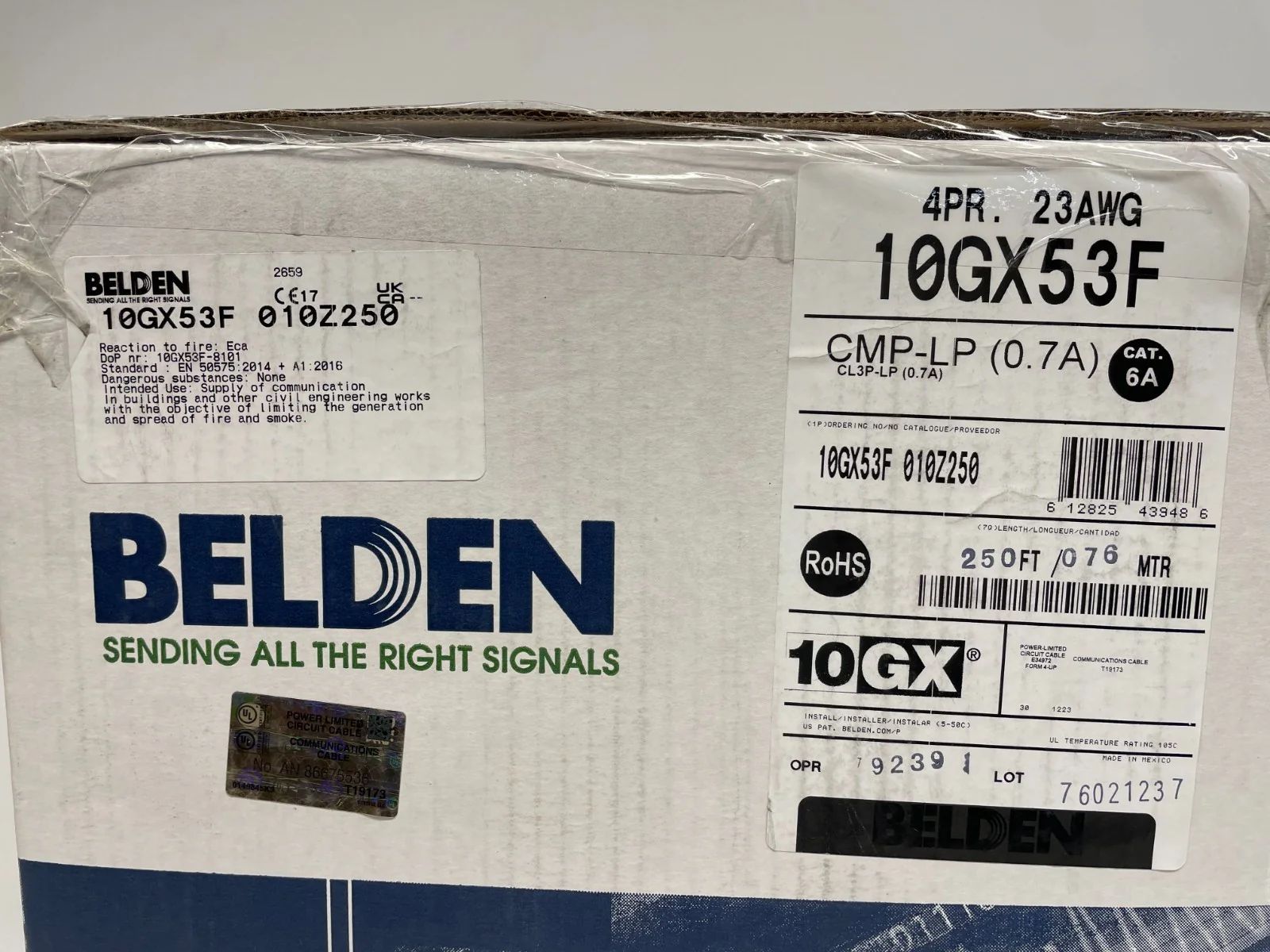 Belden 10GX53F 010Z250 Plenum Cat 6A 4 Pair F/UTP Cable 23AWG Solid, 250' Spool - Image 2