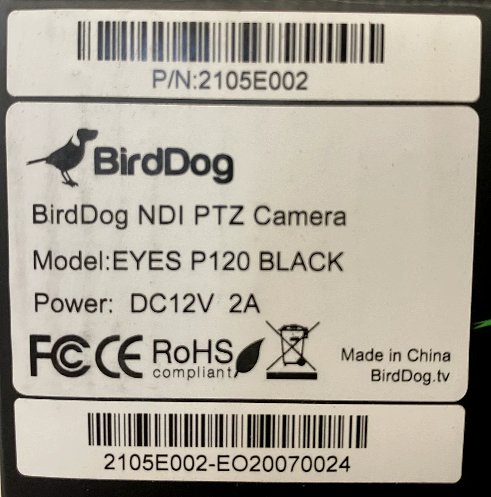 BirdDog NDI PTZ Camera DC12V 2A / EYES P120 Black (P/N: 2105E002)
