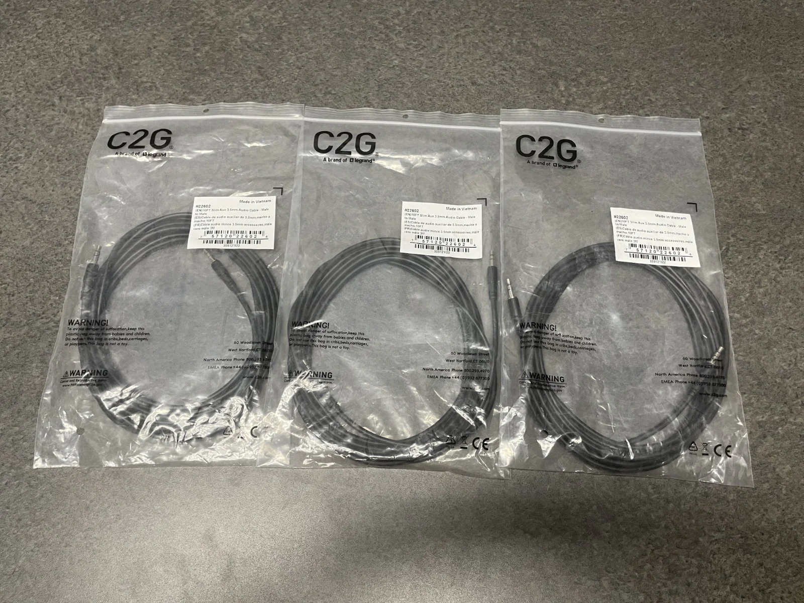 C2G 22602 10Ft Slim Aux 3.5mm Audio Cable Male to Male Lot of 3