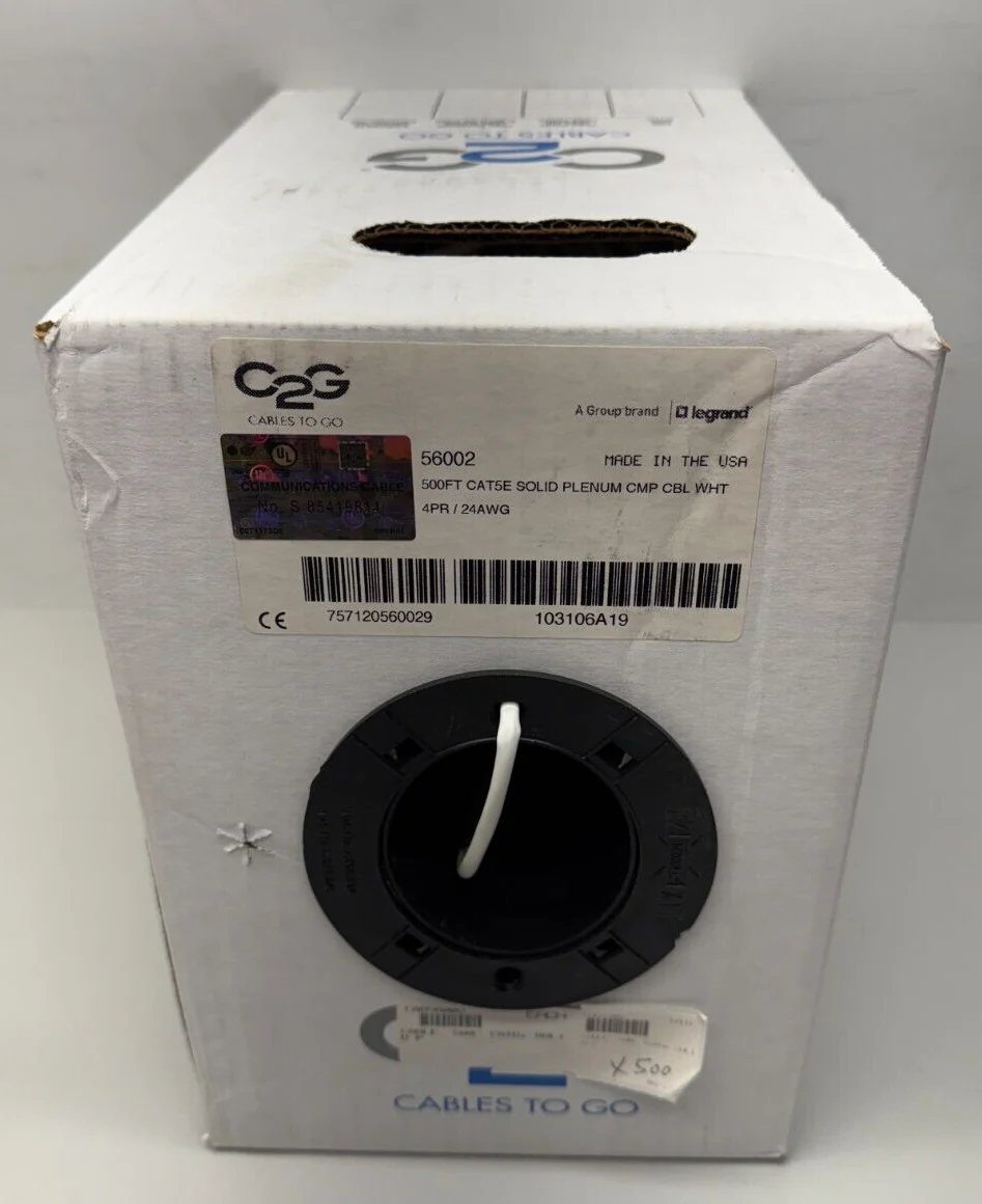 C2G 56002 Cat5e Unshielded Ethernet Cable Solid Plenum CMP Rated Cable 500', Wht