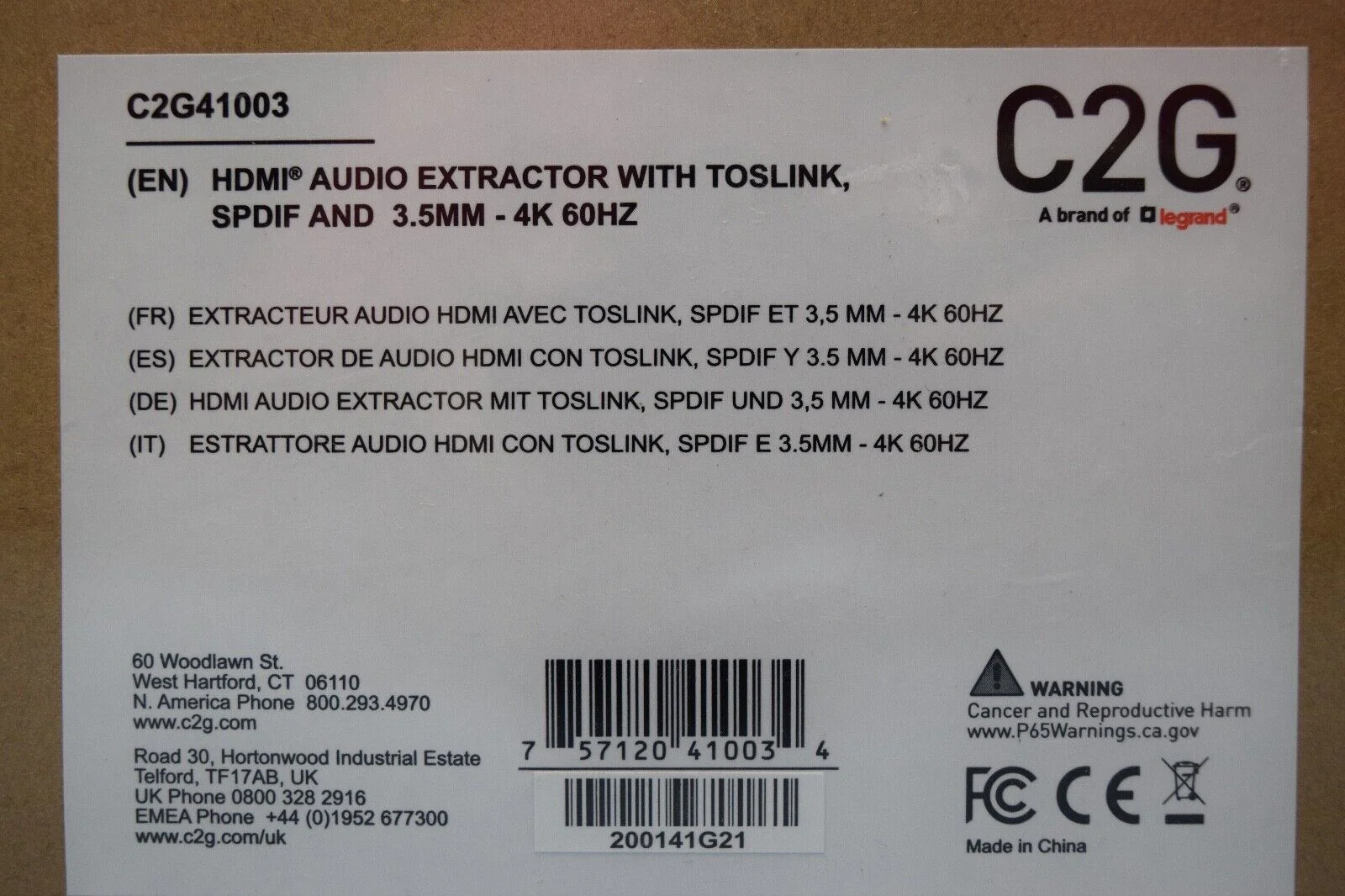 C2G HDMI Audio Extractor W/ TOSLINK/SPDIF/3.5mm - 4K 60HZ C2G41003