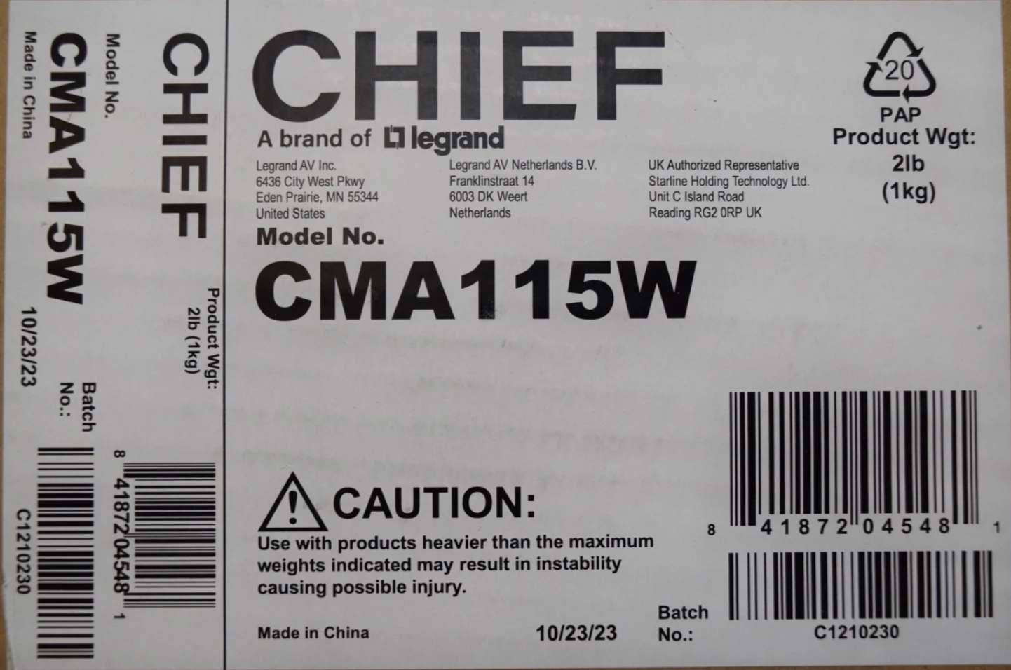 Chief CMA115W  6" X 6" Ceiling Plate - WHITE - Image 2