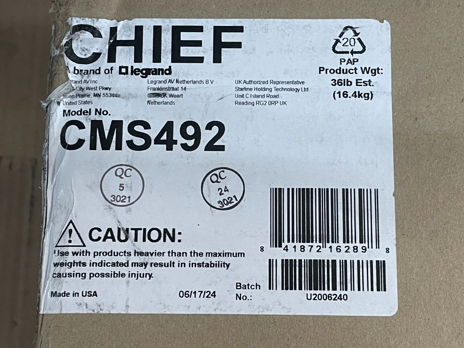 Chief CMS492 Plenum Rated Ceiling Enclosure Storage Box (White, 2x2') NOB - Image 2