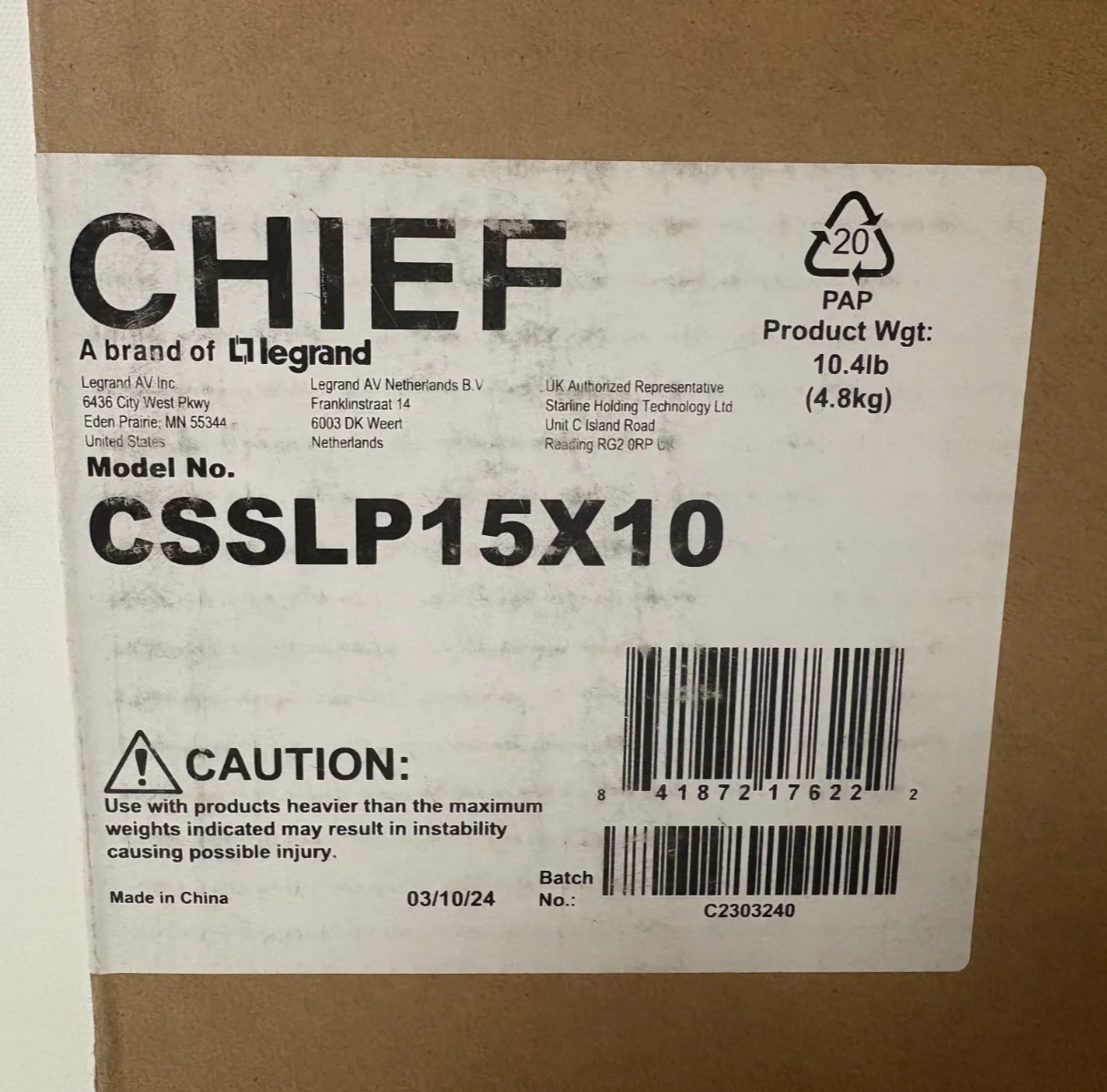 Chief CSSLP15X10 Proximity Component Storage Slide-Lock Panel