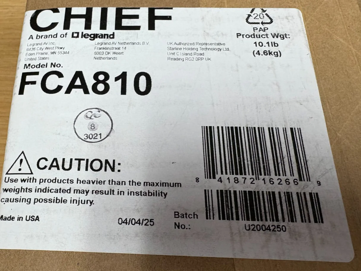 Chief FCA810 Fusion 8" Above/Below Shelf for XL Displays