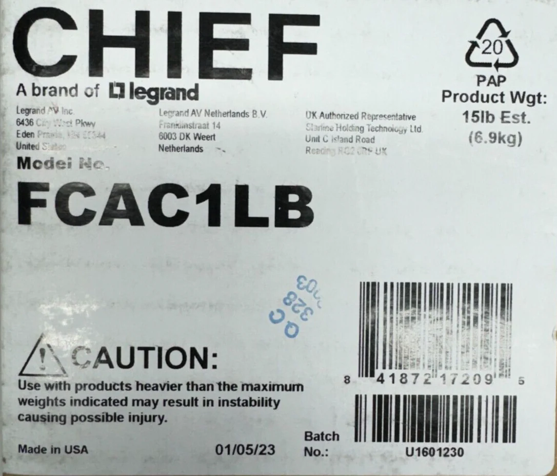 Chief FCAC1LB Fusion Back Cover Single Lcm (Black) NEW sealed in box - Image 3