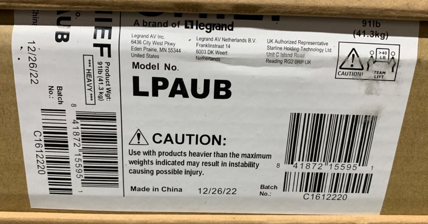 Chief LPAUB Series Large Fusion Manual Height Adjustable Mobile AV Cart (Black)