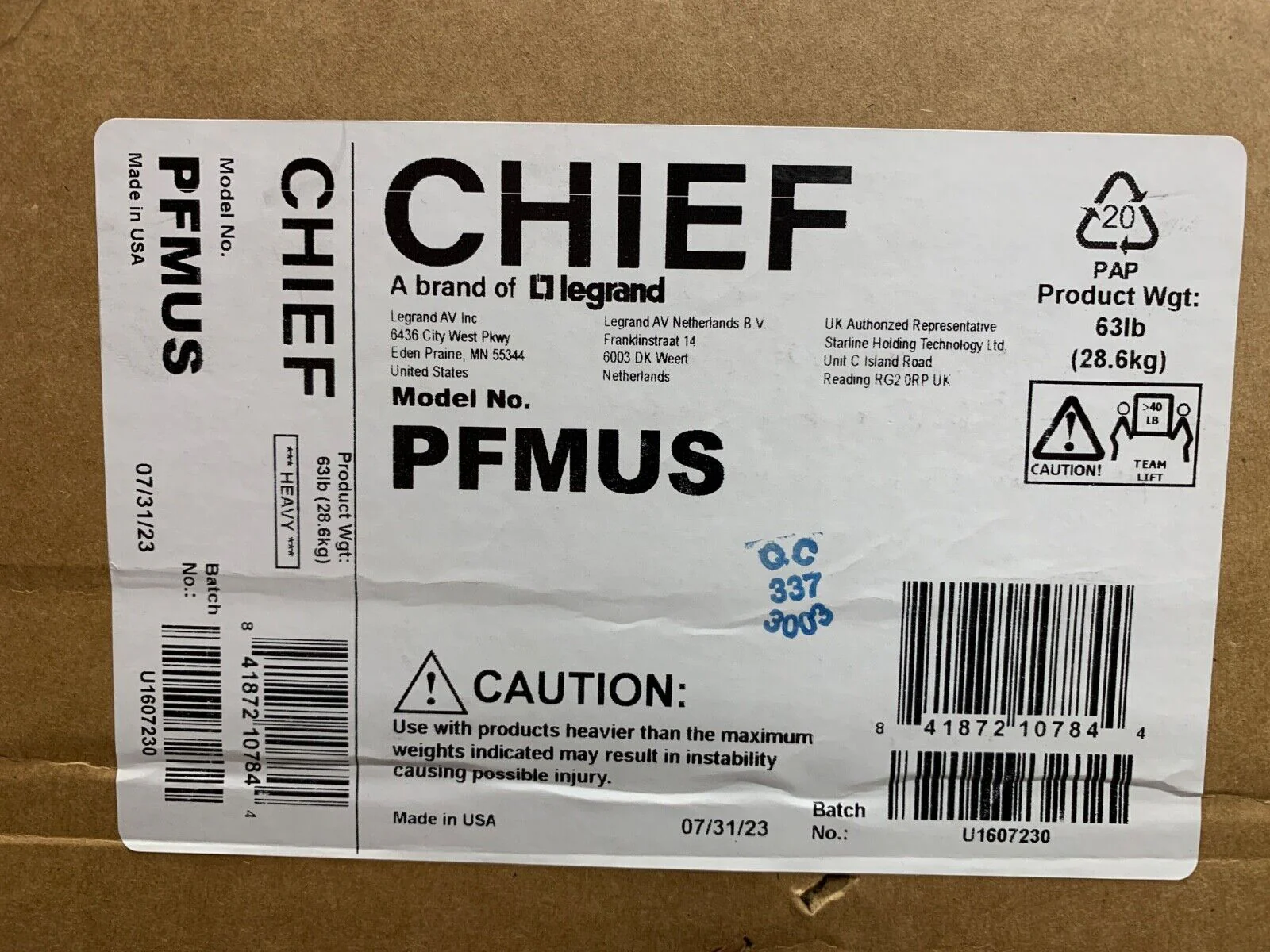 Chief PFMUS. Confidence Monitor Cart (Silver)