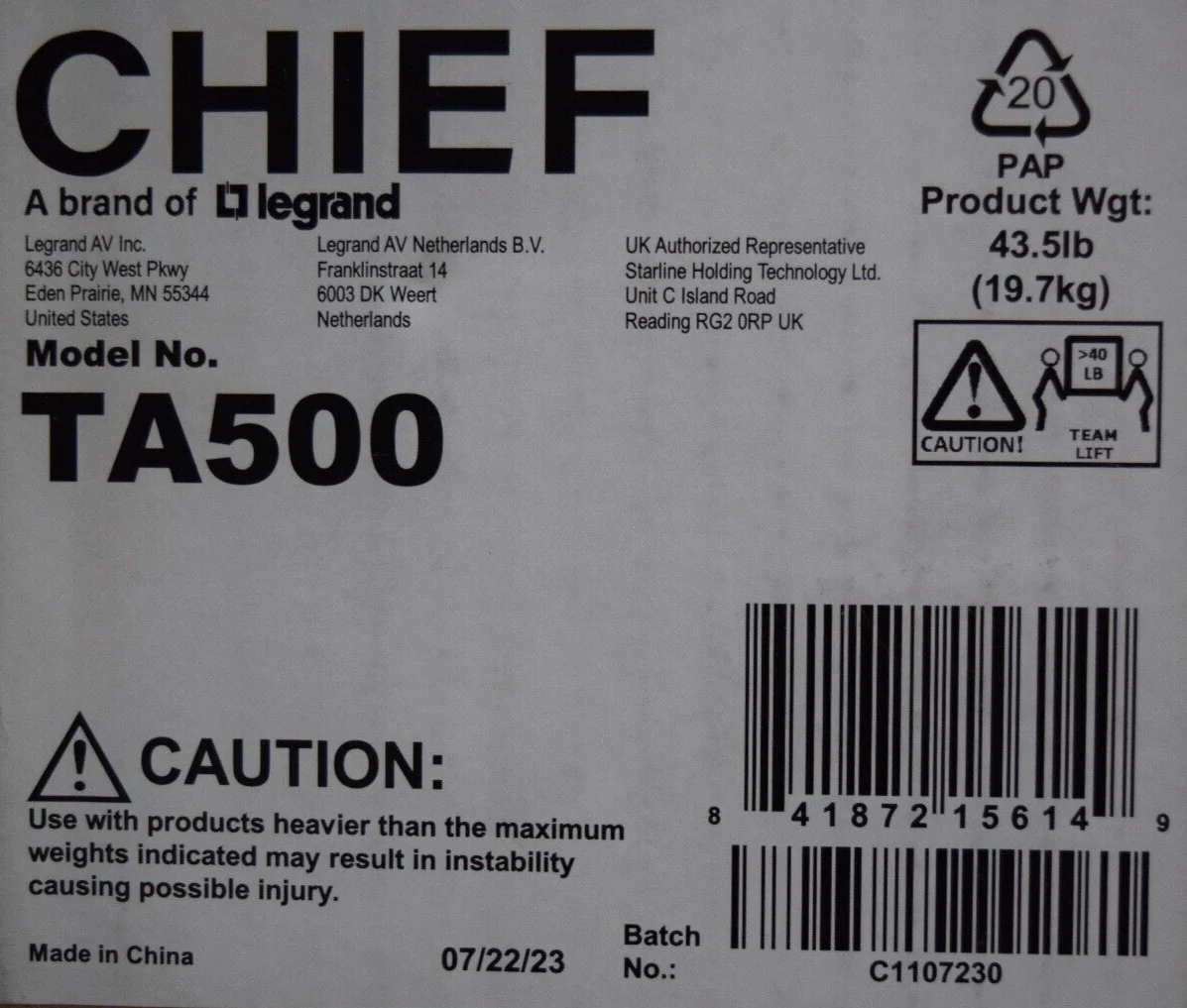 Chief TA500 Thinstall In-Wall Box for TS525TU and TS325TU NEW OPEN BOX