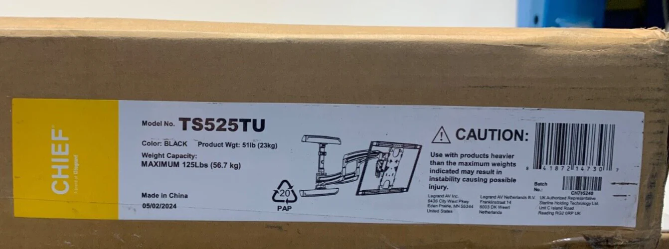 CHIEF TS525TU Black 37" - 58" Large THINSTALL Dual Swing Arm Wall Mount