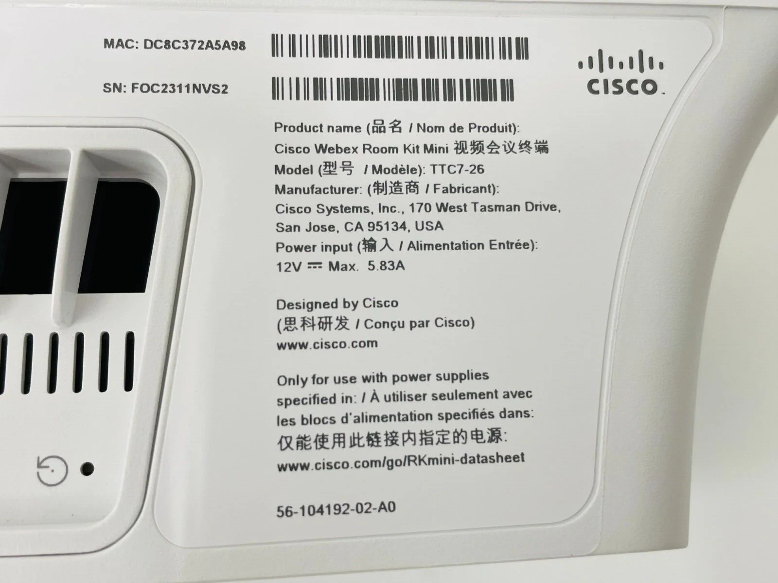 Cisco 68-102035-01 TTC7-26 Webex Room Kit Mini Conference Room Camera - Image 5