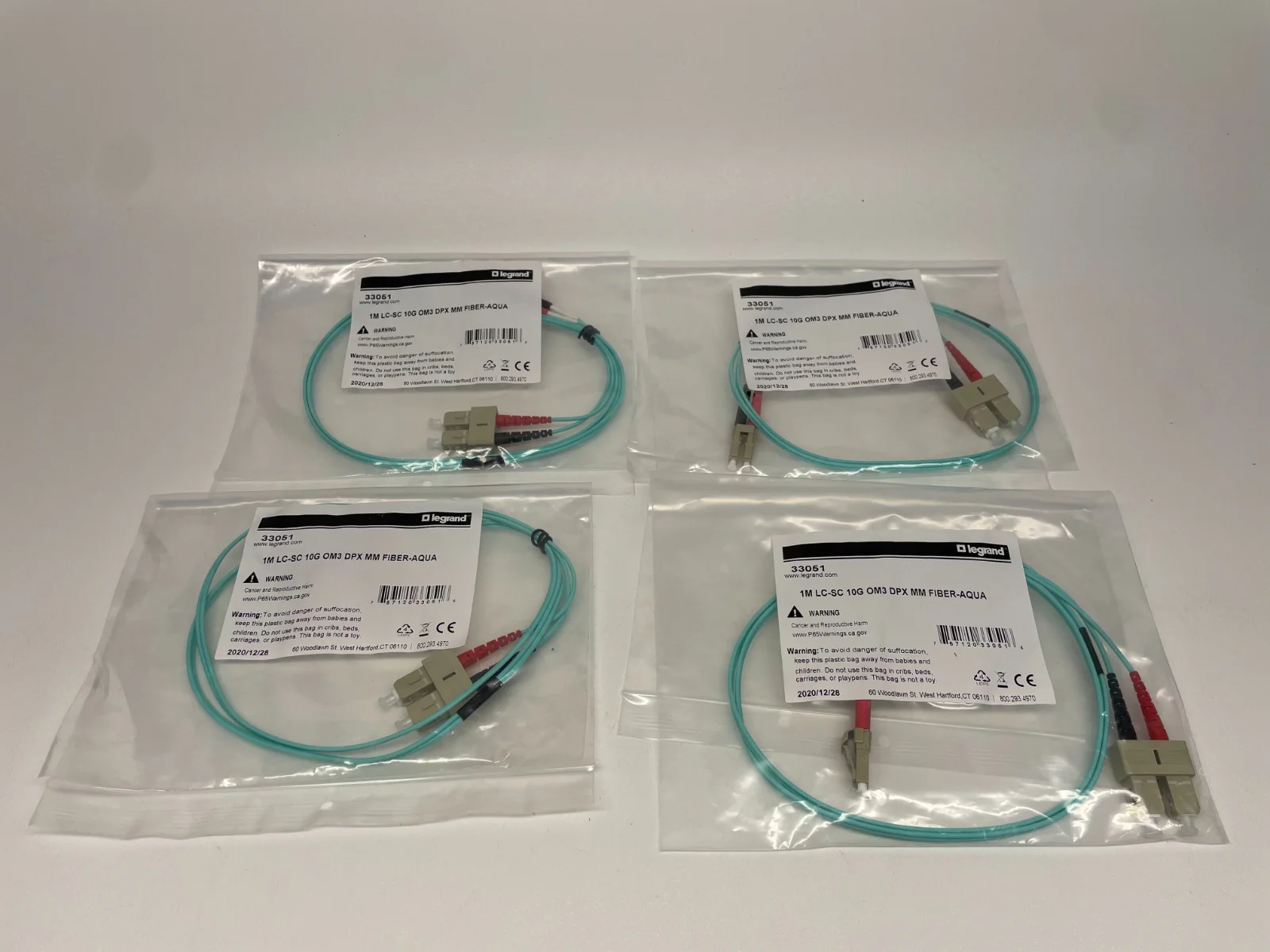 Legrand 33051 C2G 1M Fiber Optic Cable LC-SC 10G OM3 DPX MM - Aqua   LOT OF 4