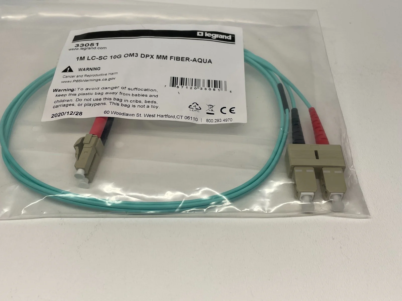 Legrand 33051 C2G 1M Fiber Optic Cable LC-SC 10G OM3 DPX MM - Aqua   LOT OF 4 - Image 2
