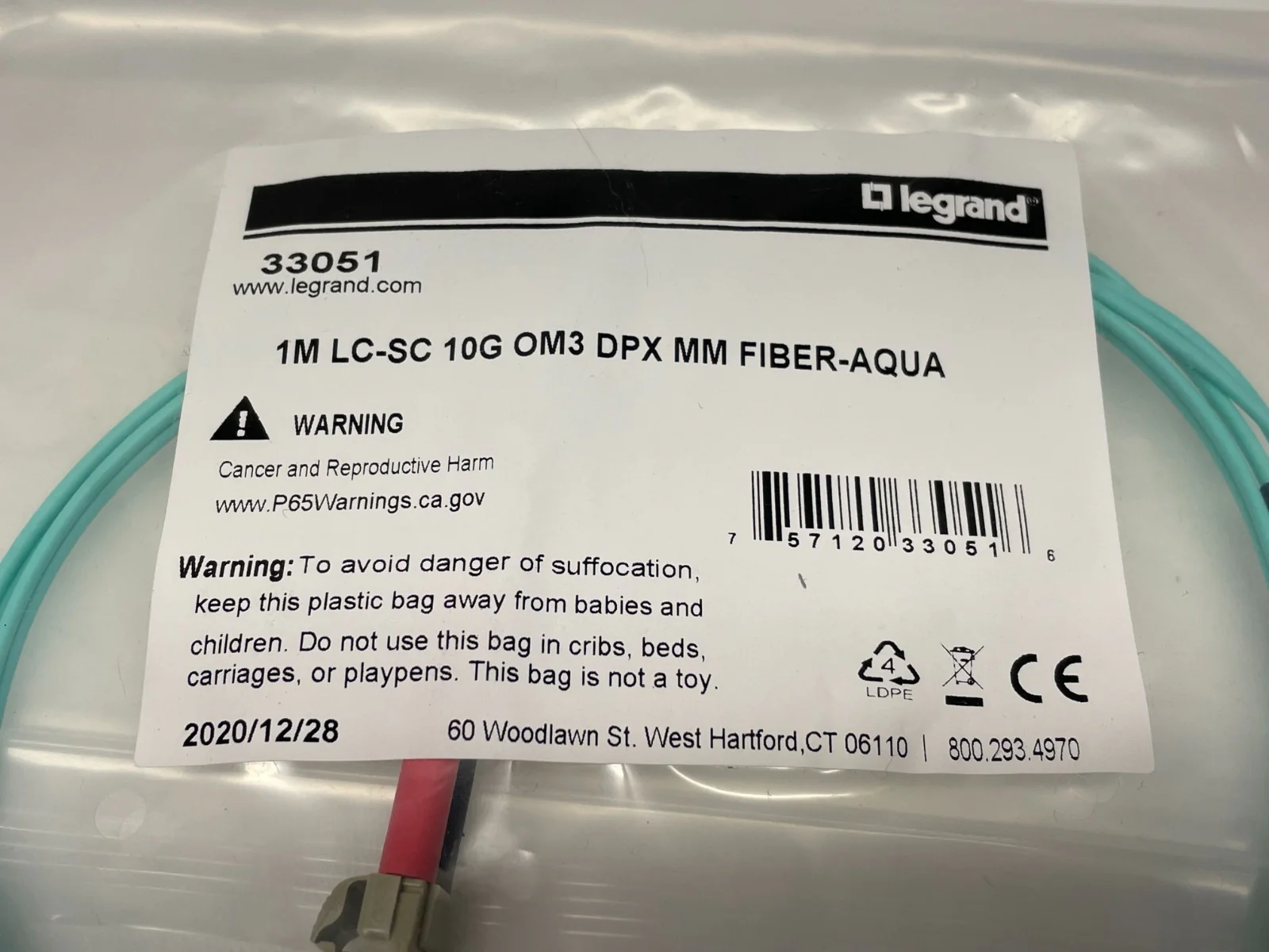 Legrand 33051 C2G 1M Fiber Optic Cable LC-SC 10G OM3 DPX MM - Aqua   LOT OF 4 - Image 3
