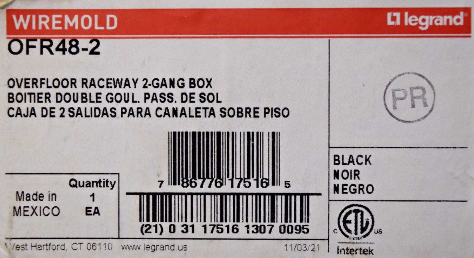 Legrand Wiremold OFR48-2 OFR Series Overfloor Raceway 2 Gang Box BLACK