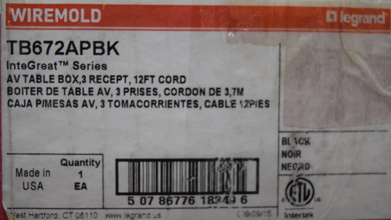Legrand Wiremold TB672APBK InteGreat AV Table Box  3 Recept 12' Cord