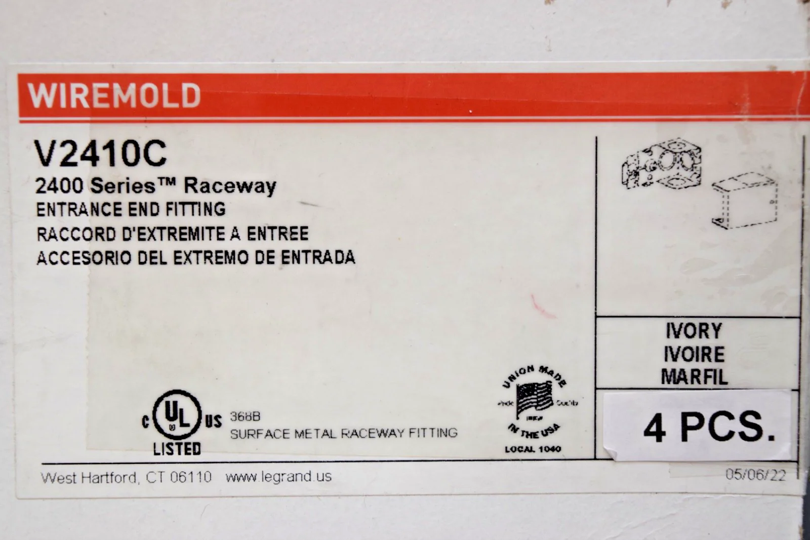 LEGRAND WIREMOLD V2410C (4 PCS) 2400 SERIES RACEWAY ENTRANCE END FITTING IVORY