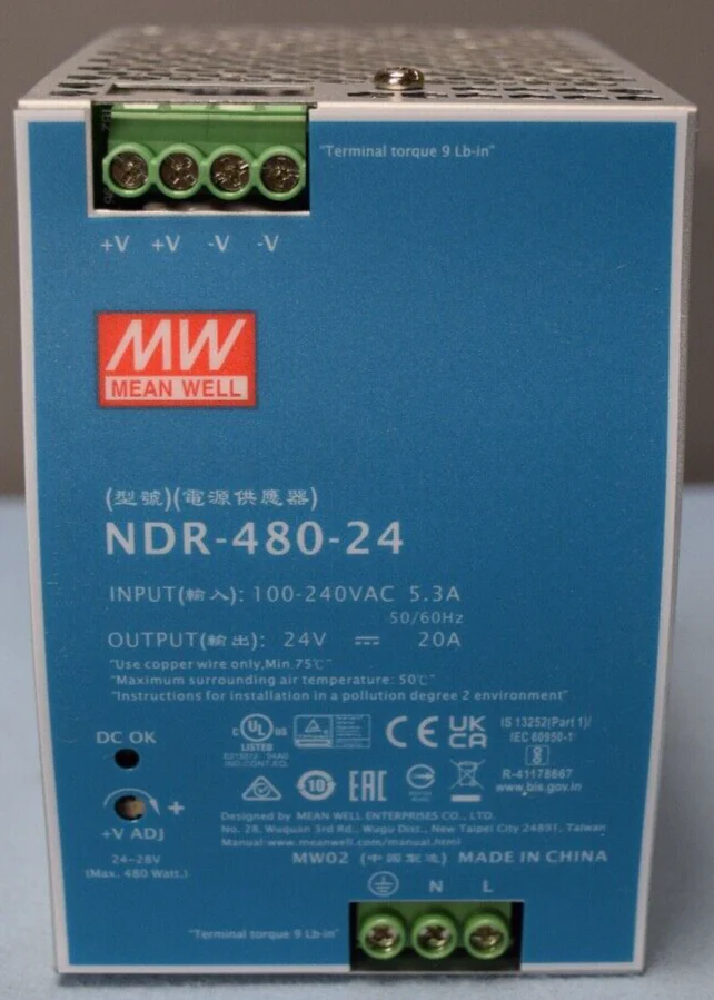 MEAN WELL MW NDR-480-24 Power Supply   Input 100-240VAC 5.3A    Output 24V 20A - Image 4