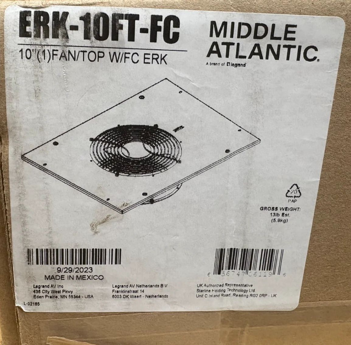 Middle Atlantic 10"Controlled Fan Top (P/N: ERK-10FT-FC)