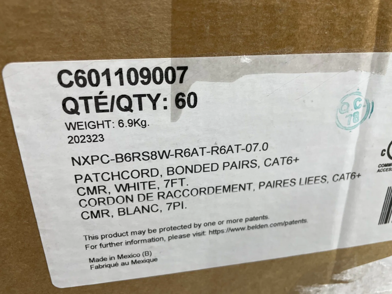 New BOX of 60 Individually Bagged 7'  Belden CAT6+ UTP CMR Patch Cables - White - Image 2