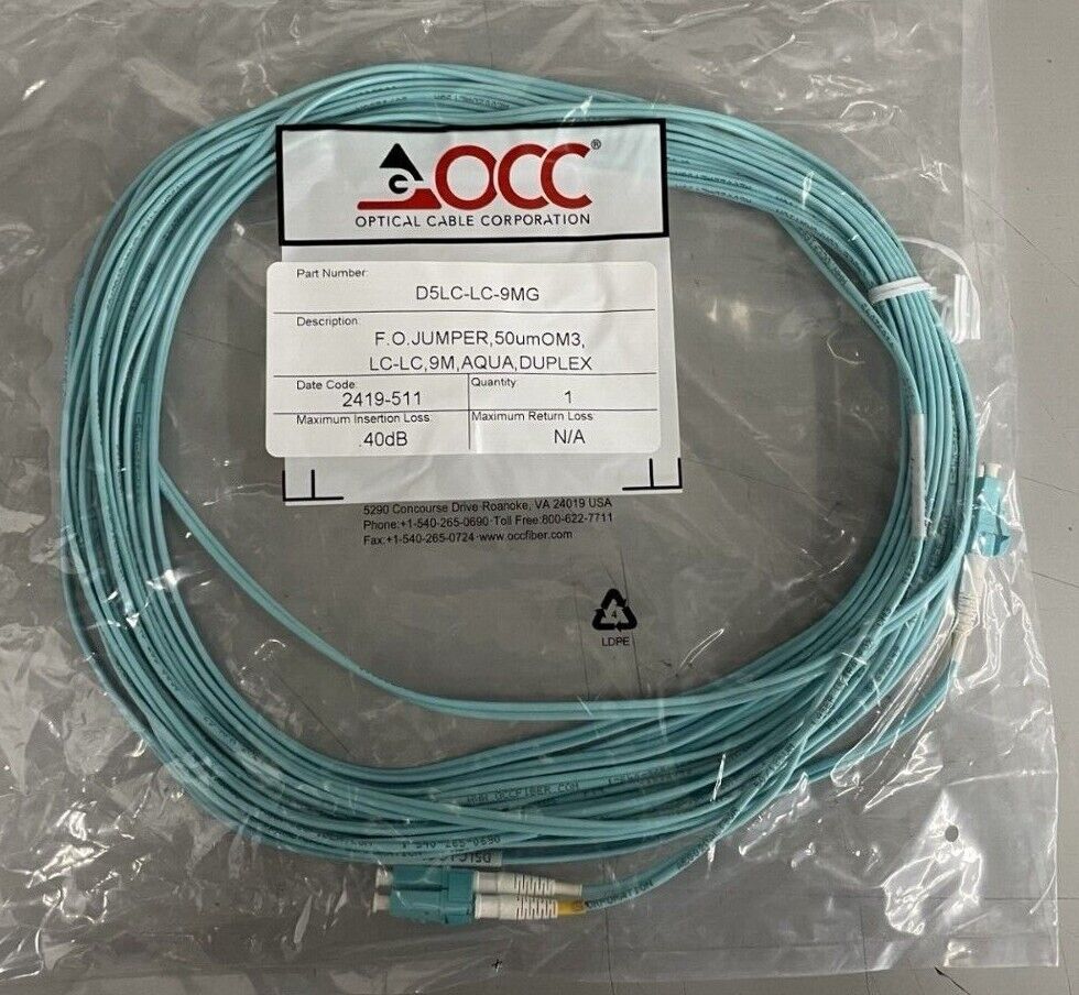 OCC D5LC-LC Fiber Optic Duplex Jumper Cable 50um OM3 Aqua - Various Lengths! NEW - Image 3