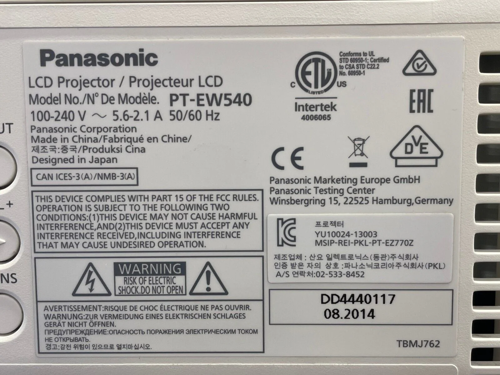 Panasonic PT-EW540 WXGA Large Venue Projector 1038 Lamp Hours - Image 5