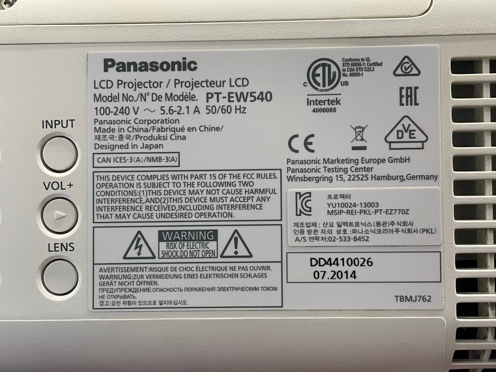Panasonic PT-EW540 WXGA Large Venue Projector 3976 Lamp Hours - Image 5