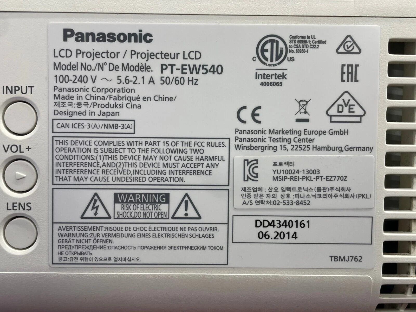 Panasonic PT-EW540 WXGA Large Venue Projector 467 Lamp Hours - Image 5