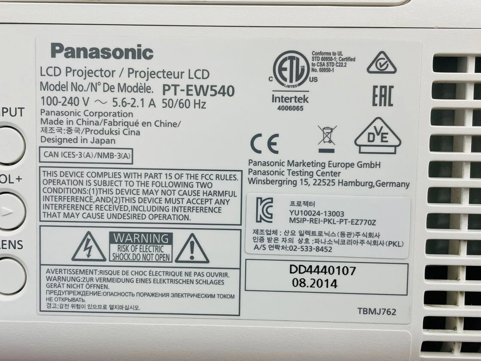 Panasonic PT-EW540 WXGA Large Venue Projector 707 Lamp Hours - Image 4