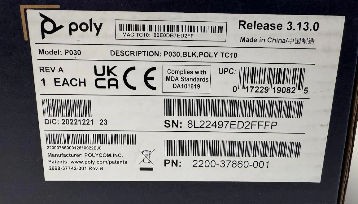 Poly 2200-37860-001 TC10 Touch Panel for Scheduling & Meeting Control (Black)