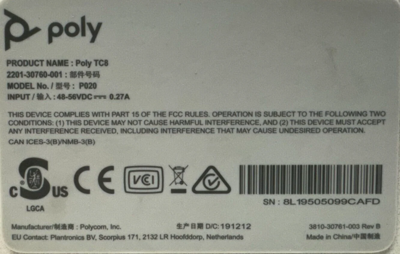 Poly P020 TC8 Touch Controller for Video Conferencing 2200-30760-001 - Image 5