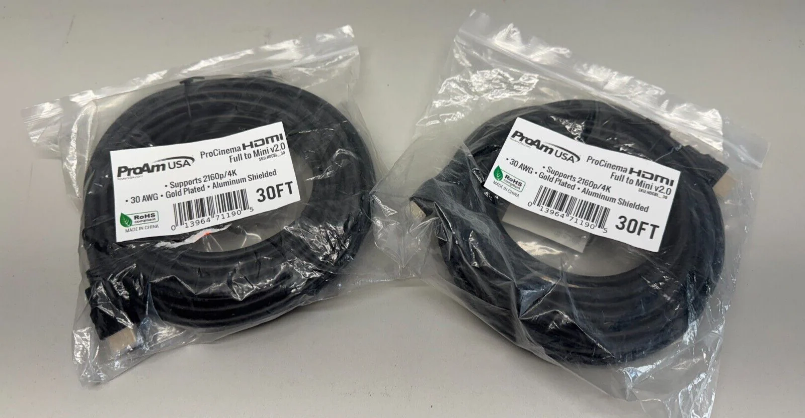 ProAm USA ProCinema HDMI Full-Mini v2.0 30' 30AWG Gold Plated HDCBL_30 LOT OF 2