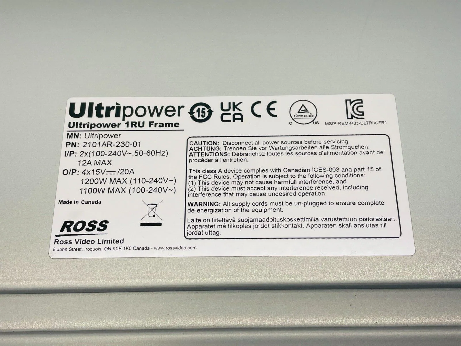 Ross Video Ultripower-PS 1RU Rack Mount Power Supply 2101AR-230-01 - Image 2