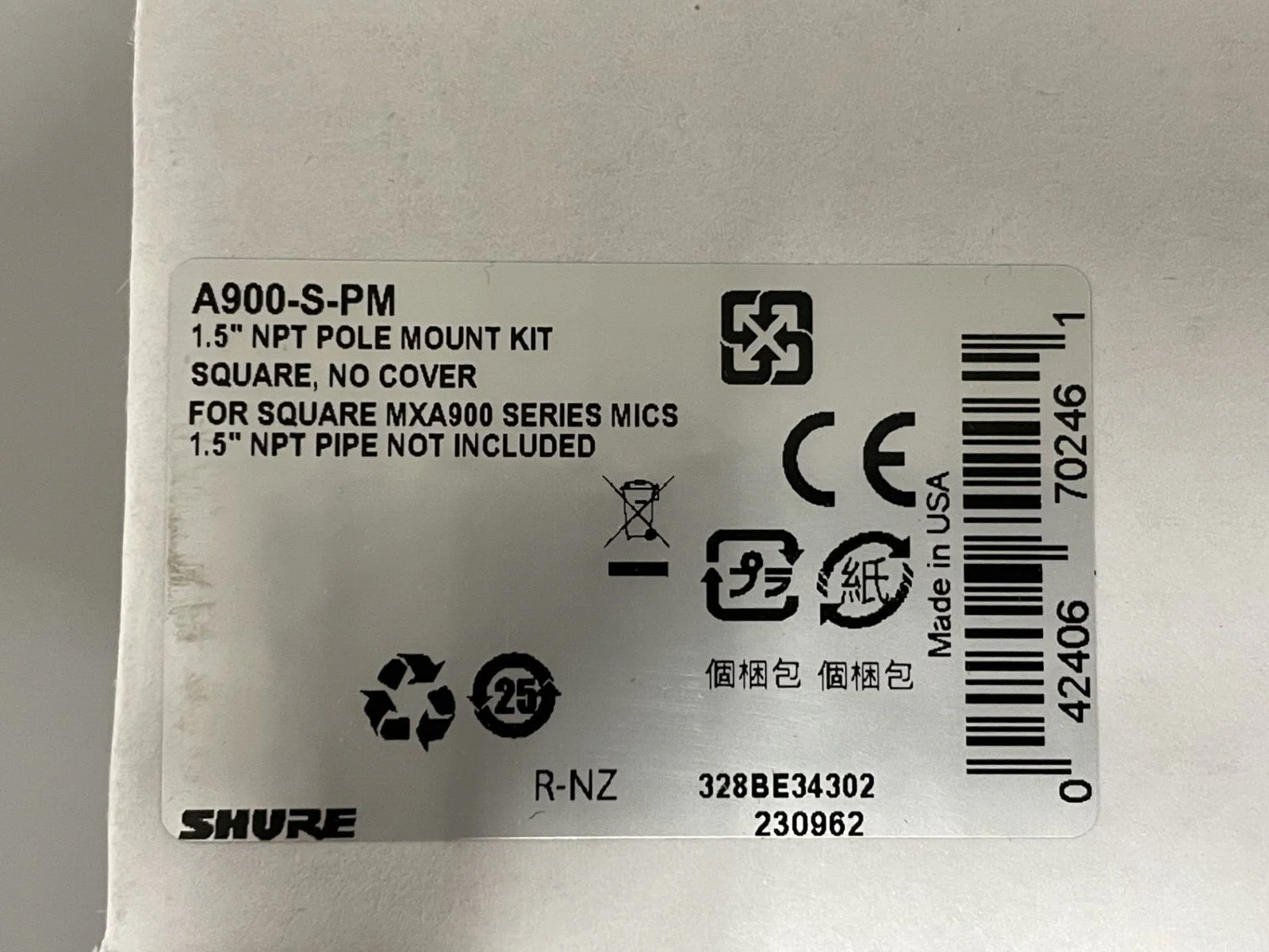 Shure A900-S-PM 1.5" Threaded NPT Pole Mount Kit for MXA902 MXA910 MXA920-S - Image 2