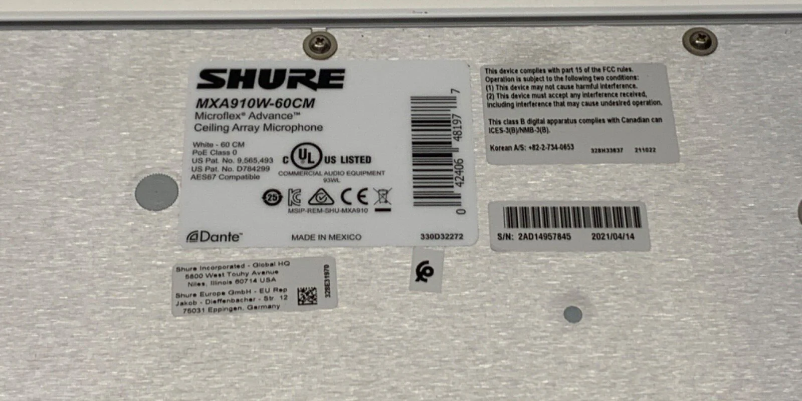 SHURE MXA910W-60CM / 24" Microflex Advance Ceiling Array Microphone - Dante - Image 2