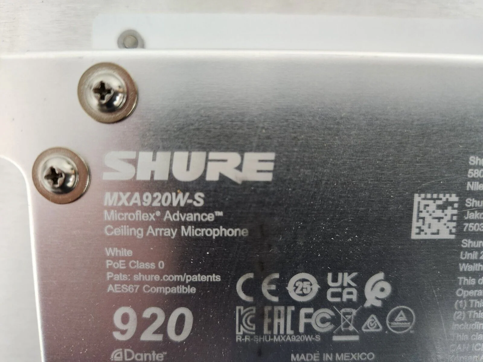 Shure MXA920W-S 24 inch Ceiling Array Microphone, Square, White Dante - Image 2