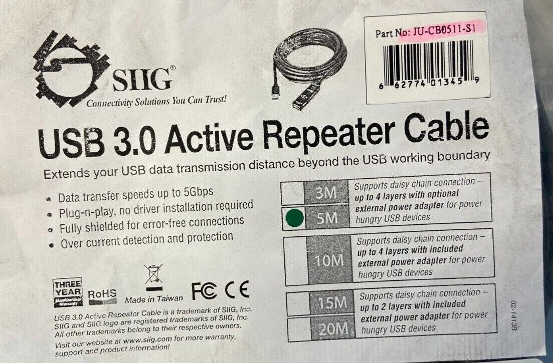 SIIG JU-CB0511-S1 Black USB 3.0 Active Repeater Cable / Lot of 2 - Image 2