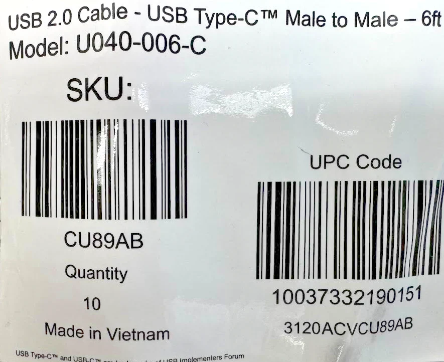 Tripp Lite U040-006-C USB 2 Cable - USB Type-C Male to Male - 6ft LOT OF 10