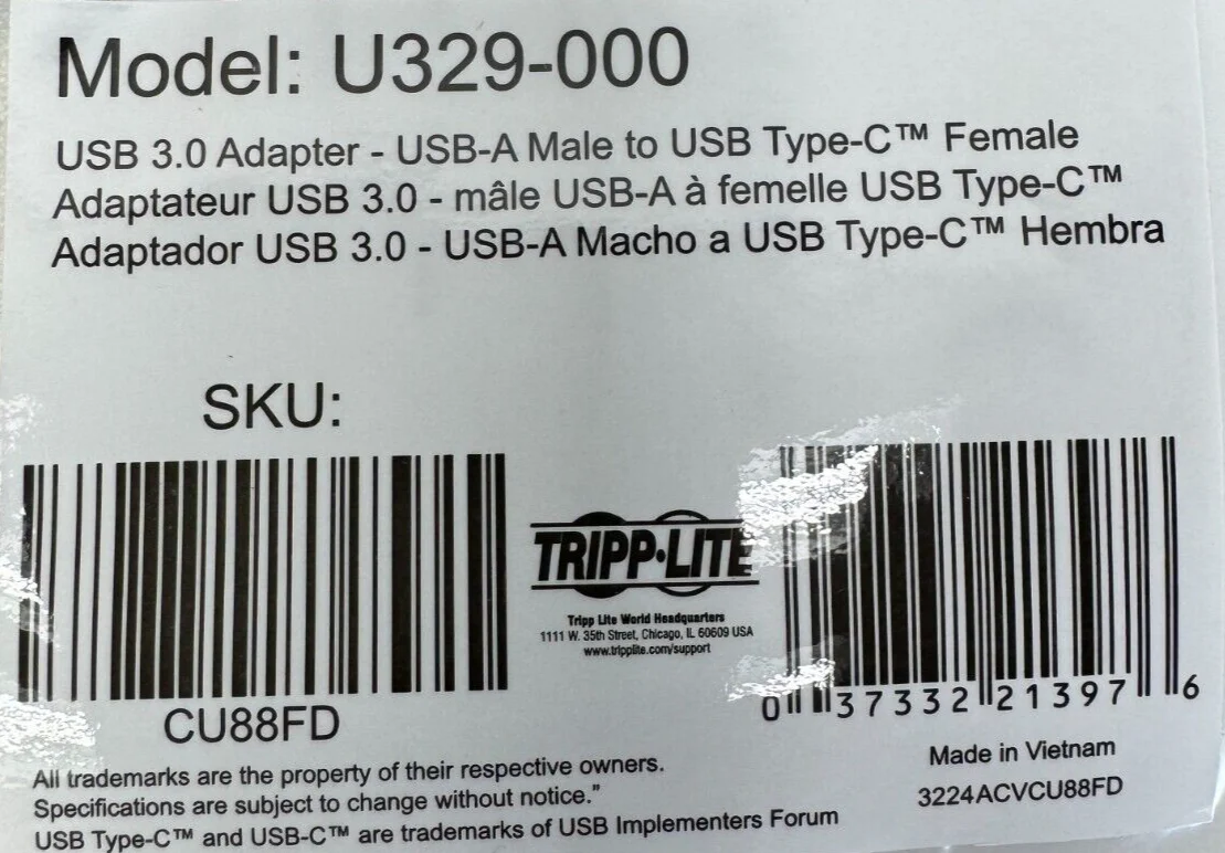 Tripp Lite U329-000 USB 3.0 Adaptor USB Type C Female to USB-A Male  LOT OF 10 - Image 3