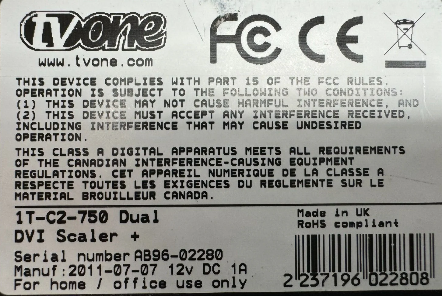 TV One 1T-C2-750 Dual-PIP DVI-I Scaler w/ Power Supply and cord - Image 3