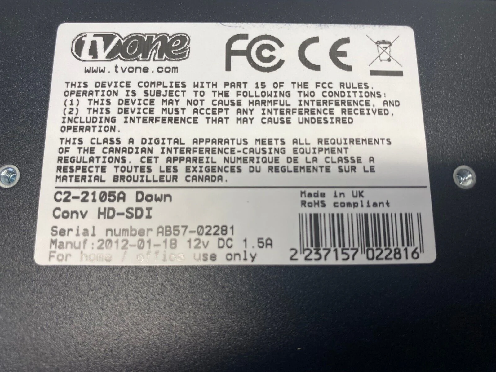 TVOne C2-2105 Down Converter HD-SDI (Corio2 Powered) w/Power - Image 4