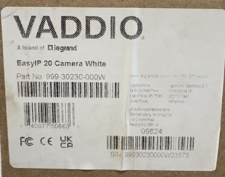 Vaddio 999-30230-000W EasyIP 20 PTZ Conference Camera White New Open Box