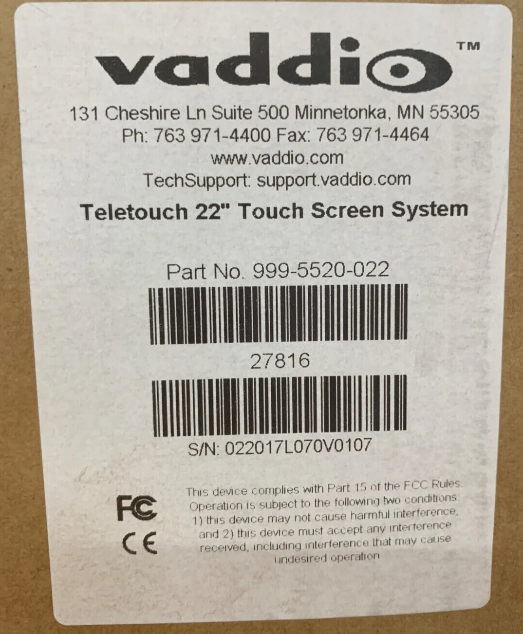 Vaddio 999-5520-022 TeleTouch 22" HD Touch-Screen LCD Monitor with Base