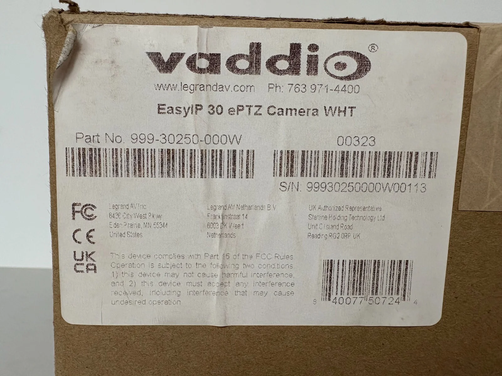 Vaddio Easy IP30 ePTZ Camera (P/N: 999-30250-000W)