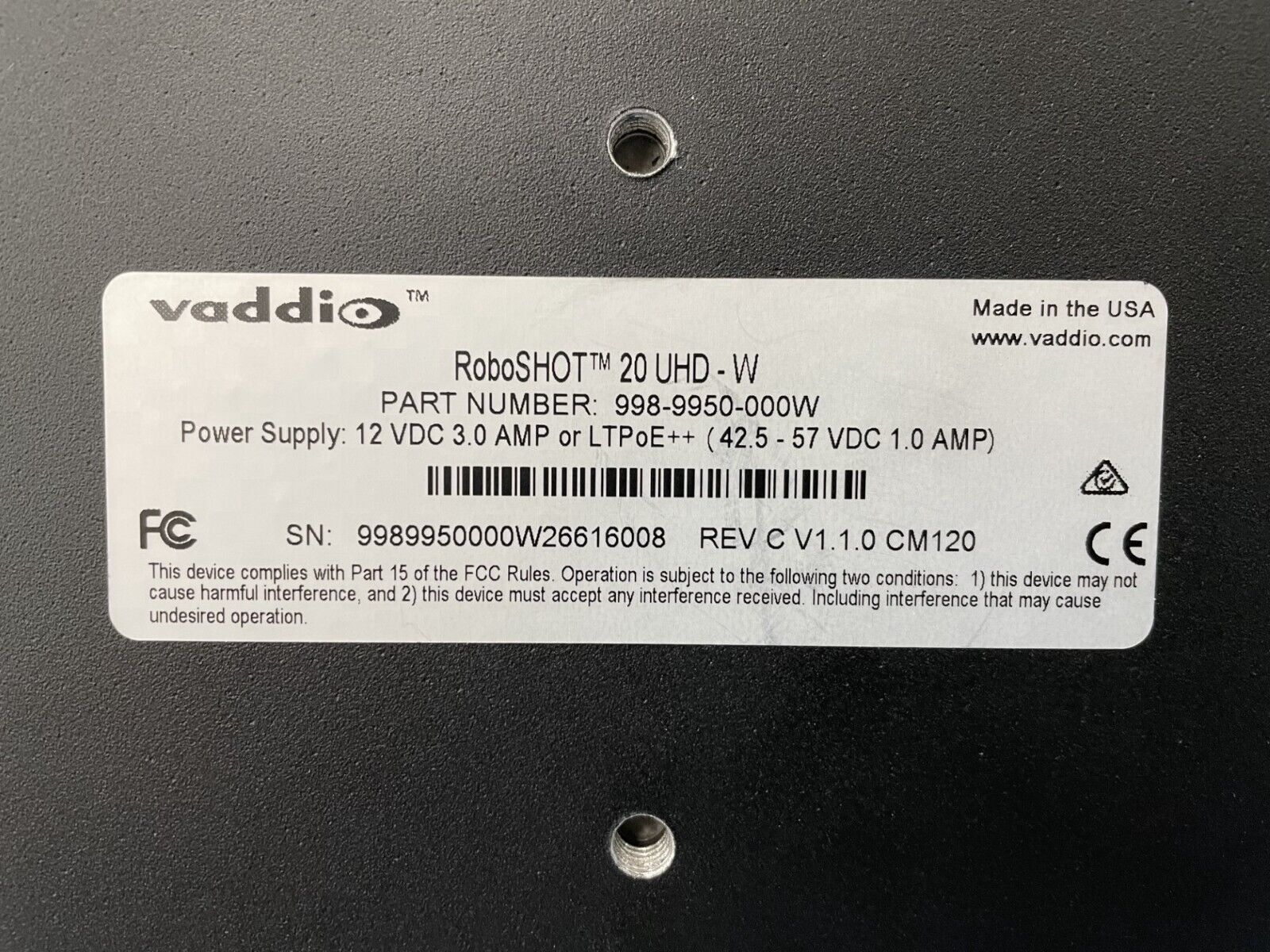 Vaddio RoboSHOT 20 UHD Ultra High Definition 4K PTZ Camera White #998-9950-000 - Image 3