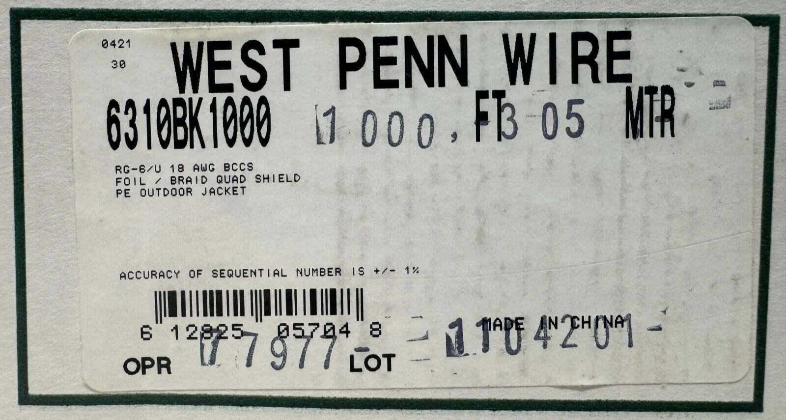West Penn Wire 6310BK1000 RG6/U Braid Quad Shield CATV/MATV Outdoor 1000' 18 AWG - Image 4